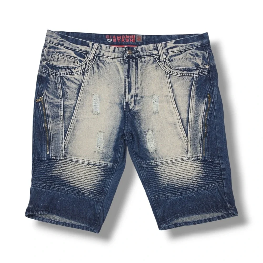 Diamond Stash Distressed Acid Wash Blue Denim Shorts Men's 42